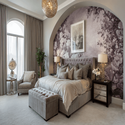 Contemporary Master Bedroom Design With Arched Wall And Floral Wallpaper