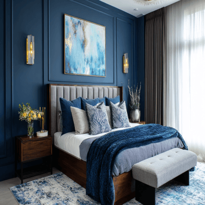 Contemporary Master Bedroom Design With Blue Accent Wall With Wall Trims