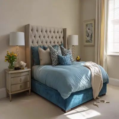 Contemporary Master Bedroom Design With Blue Upholstered Bed And Beige Headboard