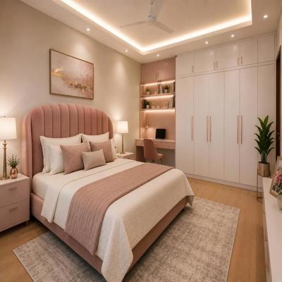 Contemporary Master Bedroom Design with Curved Pink Bed and Study Desk