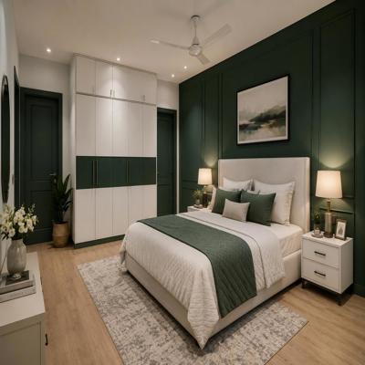 Contemporary Master Bedroom Design With Green Accent Wall And Trims