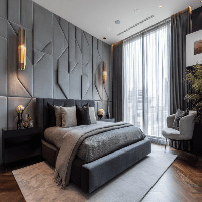 Contemporary Master Bedroom Design With Grey Patterned Wall Panelling