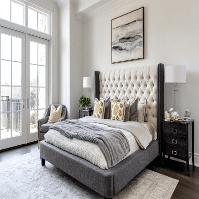 Contemporary Master Bedroom Design With Grey Upholstered Bed And Cream Tufted Headboard