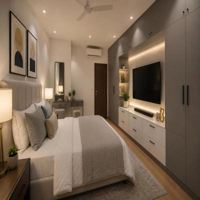 Contemporary Master Bedroom Design with King Bed and Wall Mounted TV