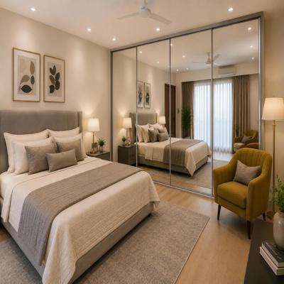 Contemporary Master Bedroom Design with Mirrored Wardrobe Wall and Accent Chair
