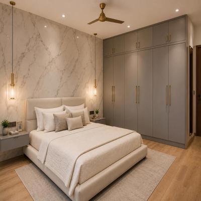 Contemporary Master Bedroom Design with Platform Bed and Marble Wall
