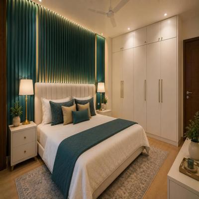 Contemporary Master Bedroom Design With Teal Fluted Panelled Accent Wall