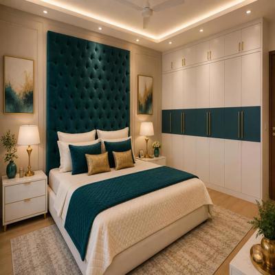 Contemporary Master Bedroom Design with Teal Tufted Headboard King Bed