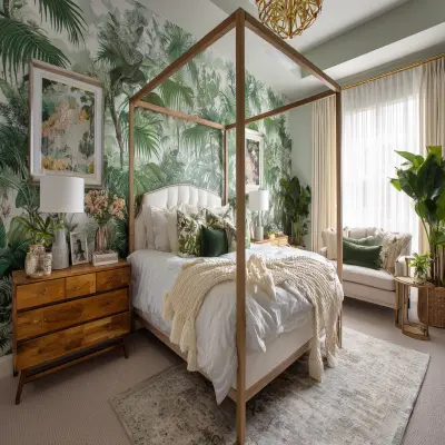 Contemporary Master Bedroom Design With Vintage Tropical Wallpaper