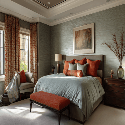 Contemporary Master Bedroom Design with Wall Trims with Wallpaper