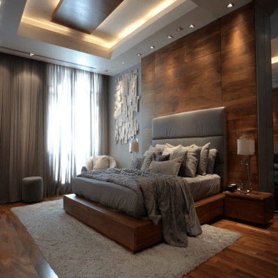 Contemporary Master Bedroom Design With Wooden Finish Bed
