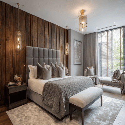 Contemporary Master Bedroom With Grey Upholstered Bed And Wooden Wall Panelling