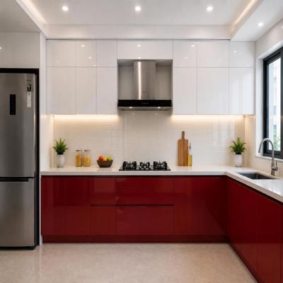 Contemporary Modular Kitchen Design With Glossy Red And White Cabinets