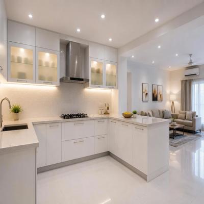 Contemporary Modular Open Kitchen Design In Frosty White With Frosted Shutters