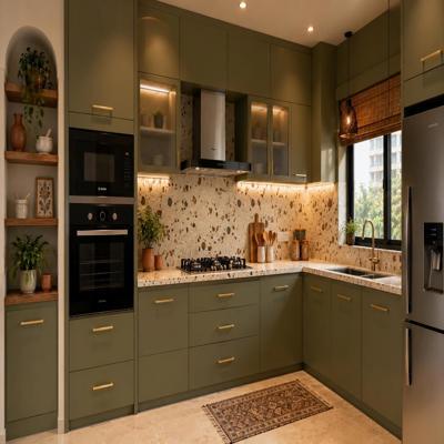 Contemporary Olive Green Modular Kitchen Design With Mosaic Countertop
