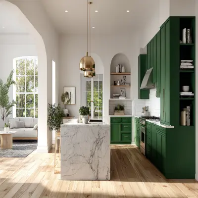 Contemporary Open Kitchen Design with Emerald Cabinets and Marble Countertop