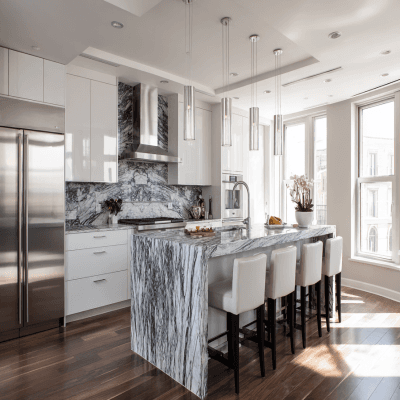 Contemporary Open Kitchen Design With Marble Backsplash