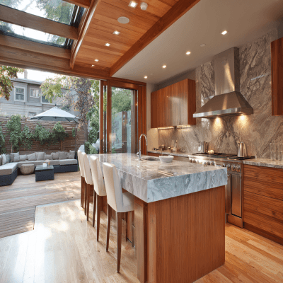 Contemporary Open Kitchen Design with Outdoor Views and Warm Wood Tones