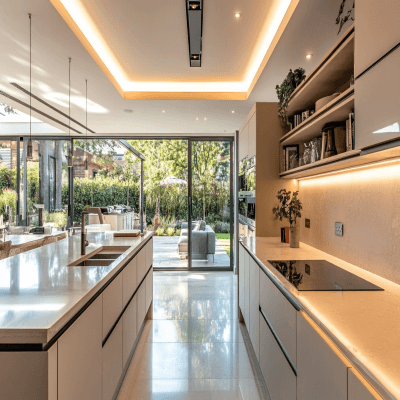 Contemporary Open Kitchen Design with Quartz Countertops