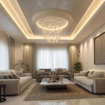 Contemporary Paint Finish Double Layer False Ceiling Design with Chandelier and Cove Lighting