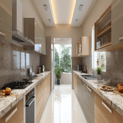 Contemporary Parallel Kitchen Design Featuring Granite Countertops
