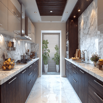 Contemporary Parallel Kitchen Design in Cappuccino With Quartz and Marble Touches