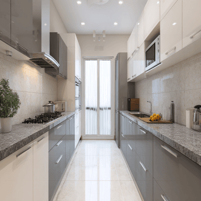 Contemporary Parallel Kitchen Design with Grey-White Cabinets and Granite Top