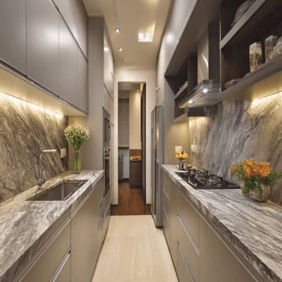 Contemporary Parallel Kitchen Design with Veined Granite Countertops