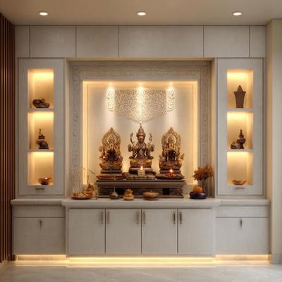 Contemporary Pooja Design with Backlit Altar and Concealed Storage
