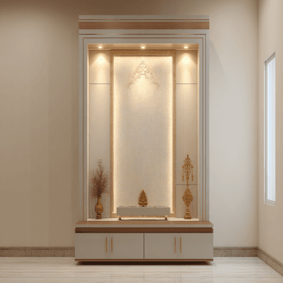 Contemporary Pooja Room Design With Backlit Frame