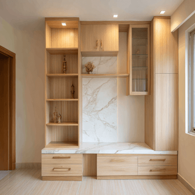Contemporary Pooja Room Design With Storage Unit