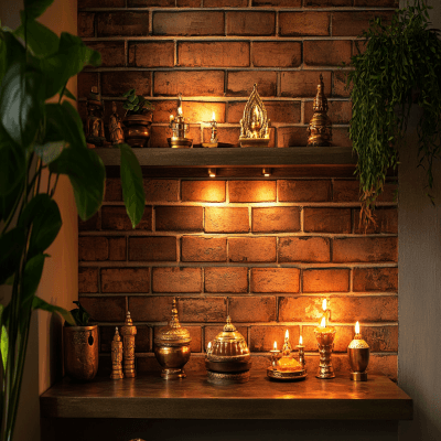 Contemporary Pooja Unit Design with Brick Wall and Brass Accents
