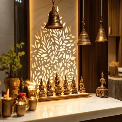 Contemporary Pooja Unit Design with Soft Backlit Leaf Design