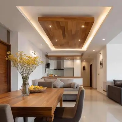 Contemporary Rectangular Single Layer Gypsum False Ceiling Design in Wood and Paint Finish