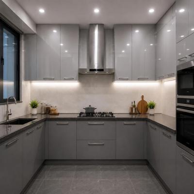 Contemporary Silver and Grey U Shaped Kitchen Design with Granite Countertop