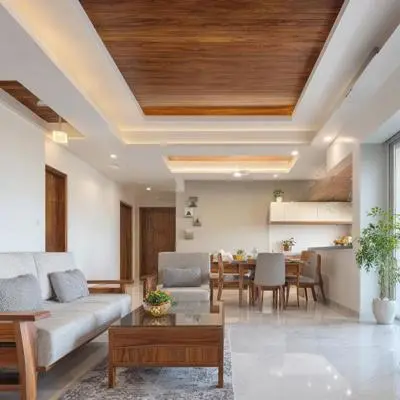 Contemporary Single Layer False Ceiling Design with Gypsum and Wood Detailing and Paint Finish
