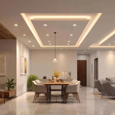 Contemporary Single Layered False Ceiling Design with Pendant Cove and Spot Lighting