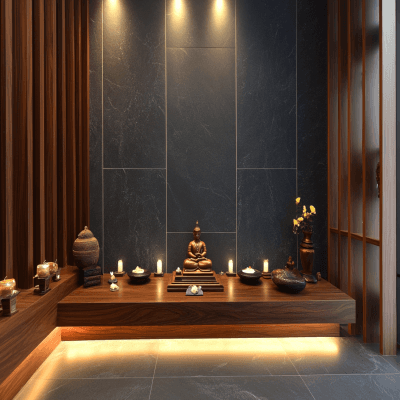Contemporary Slate Pooja Room Design with Wooden Backdrop