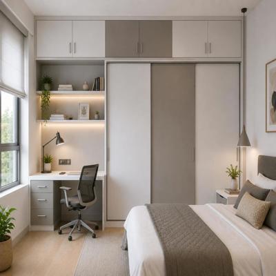 Contemporary Sliding Wardrobe Design with Study Table and Overhead Storage