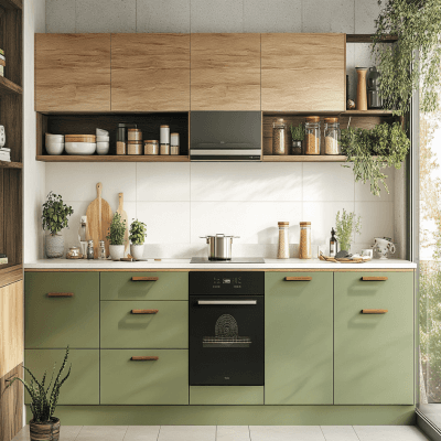 Contemporary Straight Kitchen Design with Aloe Vera Matte Cabinets