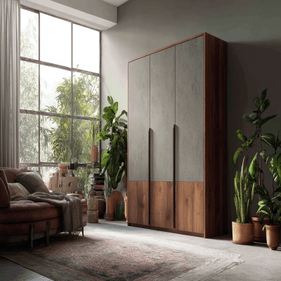Contemporary Swing Wardrobe Design with 3 Doors in Grey and Walnut Suede Finish