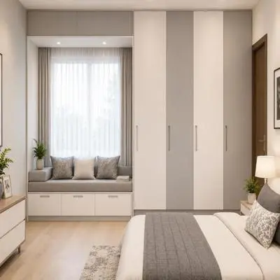 Contemporary Swing Wardrobe Design With Bay Window Seating