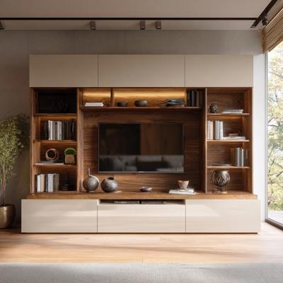Contemporary TV Unit Design in Champagne and Walnut with Open Storage