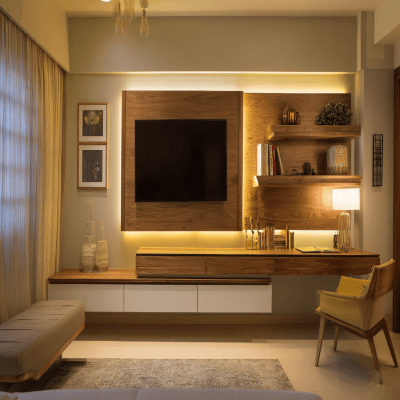 Contemporary TV Unit Design With LED Lighting And Display Space