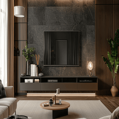 Contemporary TV Unit With A Textured Wallpaper For The Back Panel