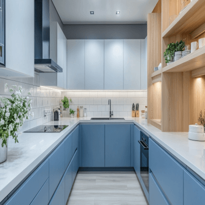 Contemporary U-Shaped Kitchen Design in Blue and White