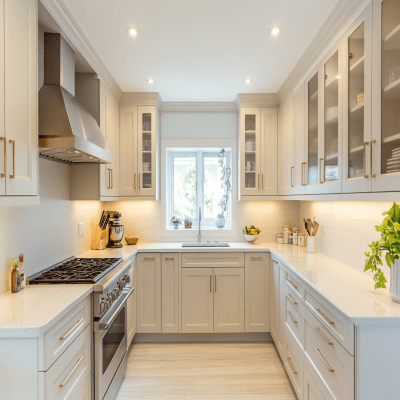 Contemporary U-Shaped Kitchen Design in Irish Cream with Quartz Countertop