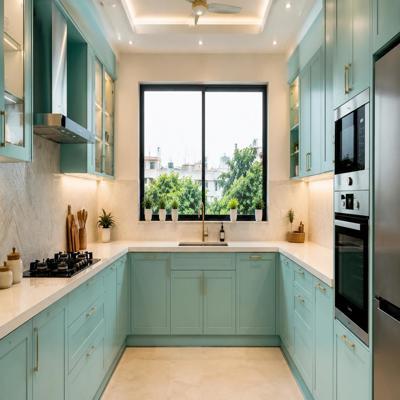 Contemporary U Shaped Kitchen Design with Aqua Green Units