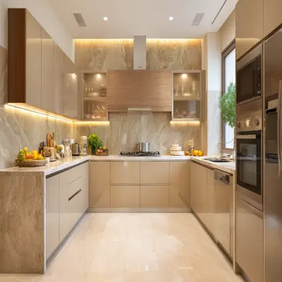 Contemporary U-Shaped Kitchen Design with Champagne and Wood Finish Cabinets