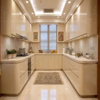 Contemporary U Shaped Kitchen Design with Cream Cabinets and Marble Countertop